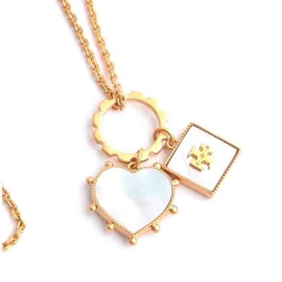 New Tory Burch Gold Mother Of Pearl Sqaure,Heart Necklace - Picture 2 of 10